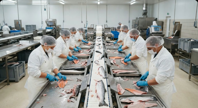 Operarios con uniforme blanco filetean pescado en una planta de proceso