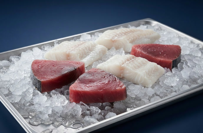 Filetes de pescado blanco sobre hielo