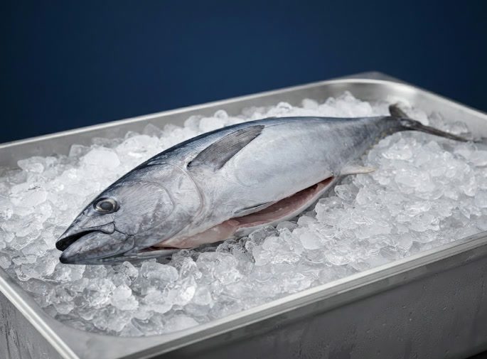 Albacora eviscerada y sin cabeza sobre hielo