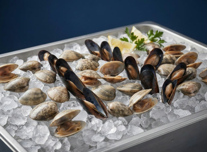 Almejas y mejillones frescos sobre hielo