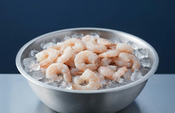 Camarones pelados y desvenados en un bol con hielo